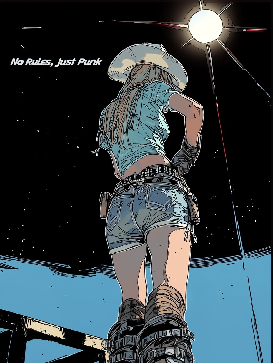A female character wears a crop top and denim shorts, accessorized with a wide-brim hat and brown combat boots