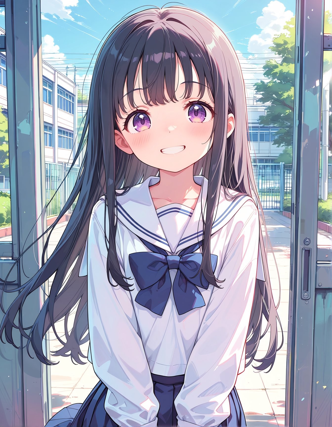 A young girl in a white sailor-style school uniform smiling at the viewer