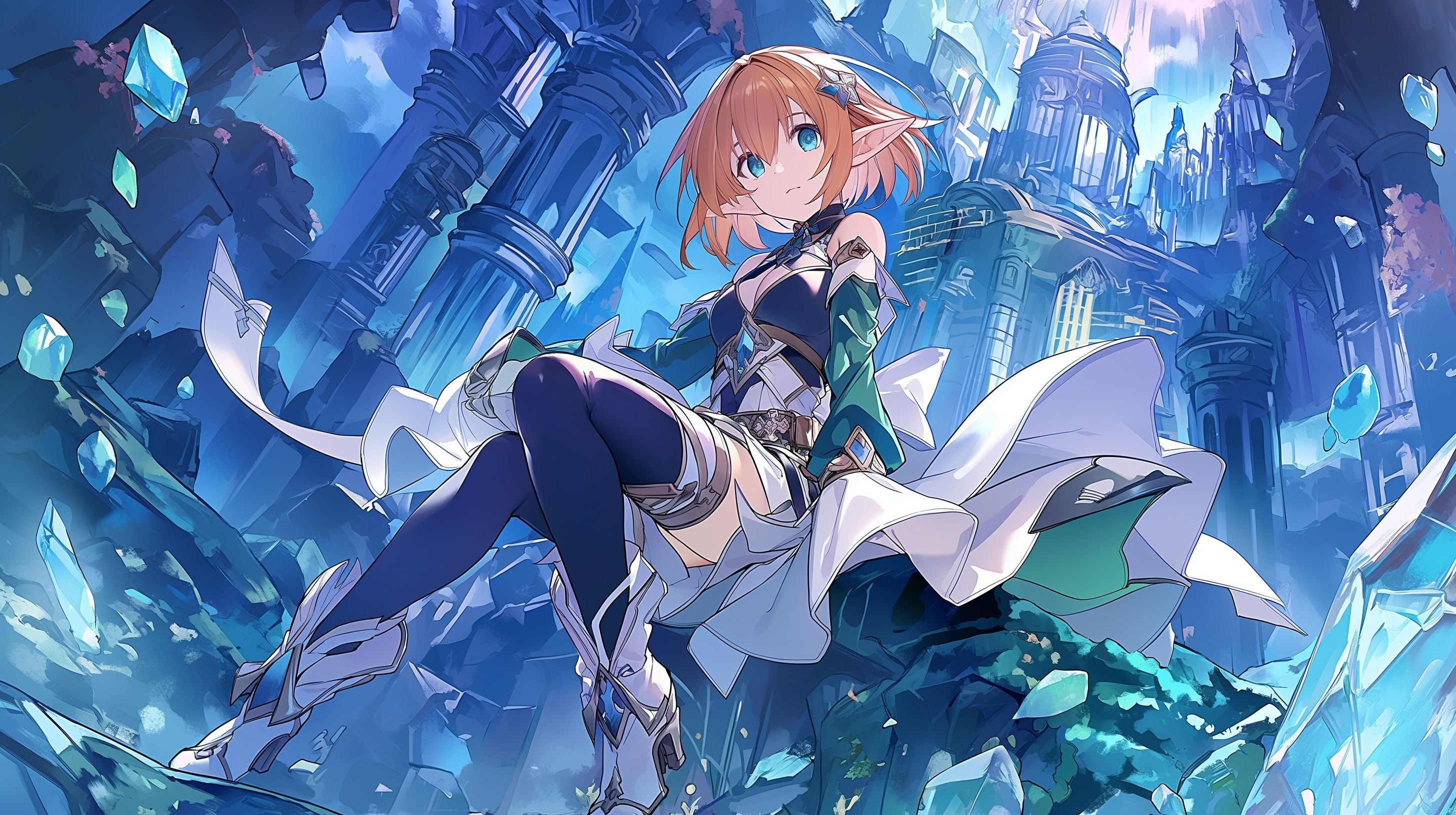 Uma garota anime de corpo inteiro com cabelos curtos laranja, olhos azuis, orelhas pontudas de elfo, usando um traje de fantasia azul escuro e branco, com grande laço branco nas costas, meias escuras até a coxa e botas brancas de fantasia, em uma pose elegante e dinâmica em um fundo de fantasia com atmosfera de reino mágico.