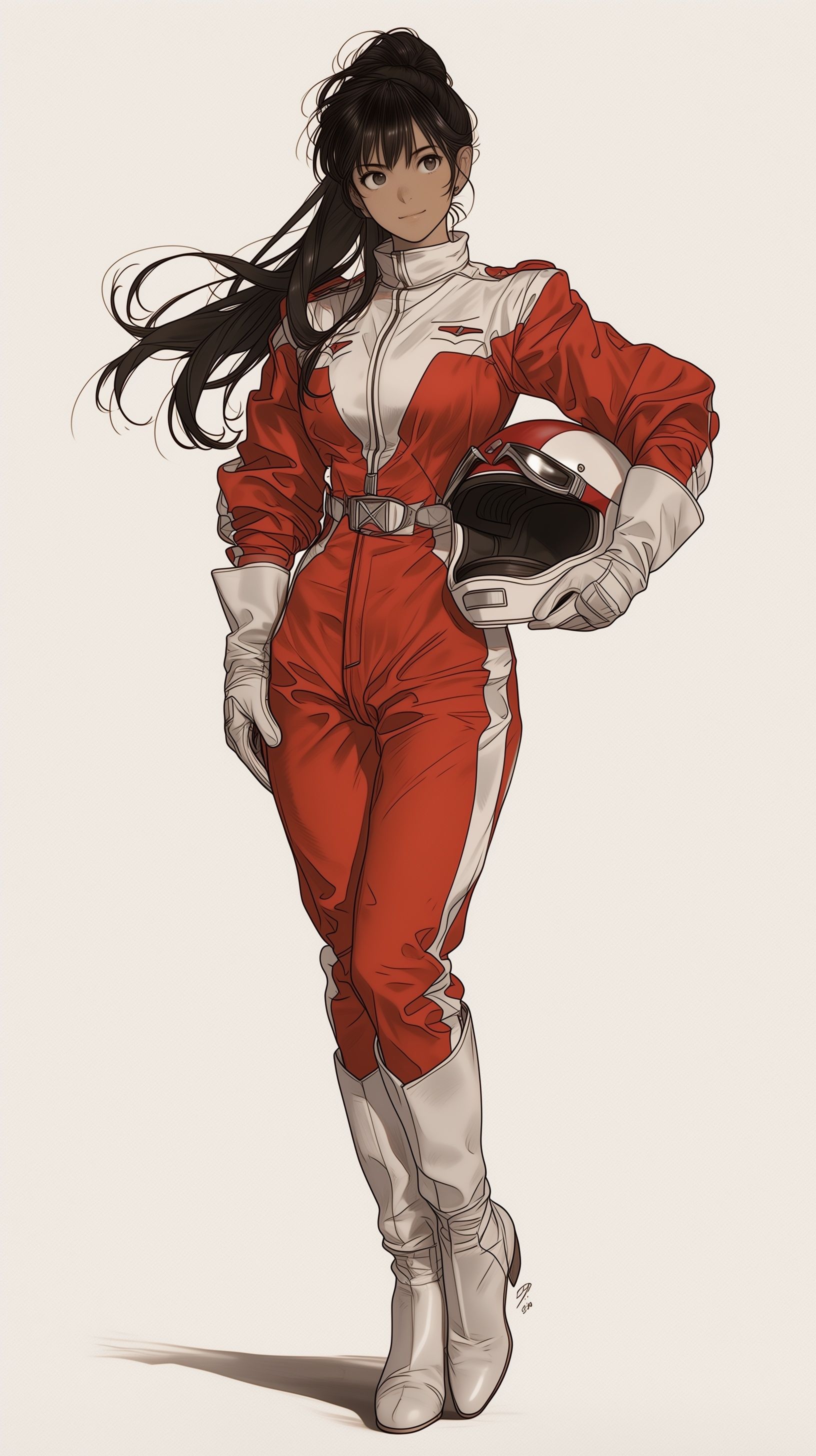 Un Hono de Great Mazinger, belle héroïne à la peau bronzée avec une longue queue de cheval noire, portant son emblématique combinaison de pilote Venus A rouge et blanc, des gants et des bottes hautes, tenant son casque, pose héroïque et confiante, style anime moderne, dessin net, ombrage cel vibrant, design de personnage rétro fidèle.