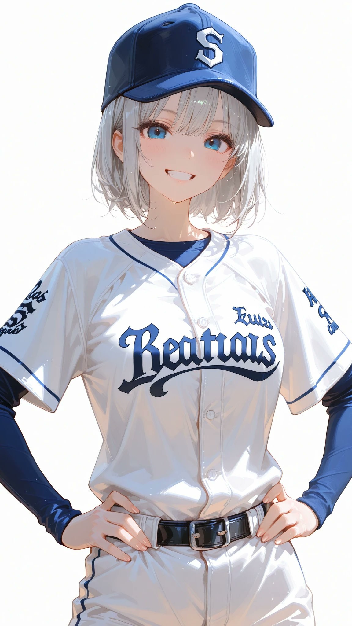 Young woman wearing a white baseball jersey and navy blue long sleeve shirt displays confidence
