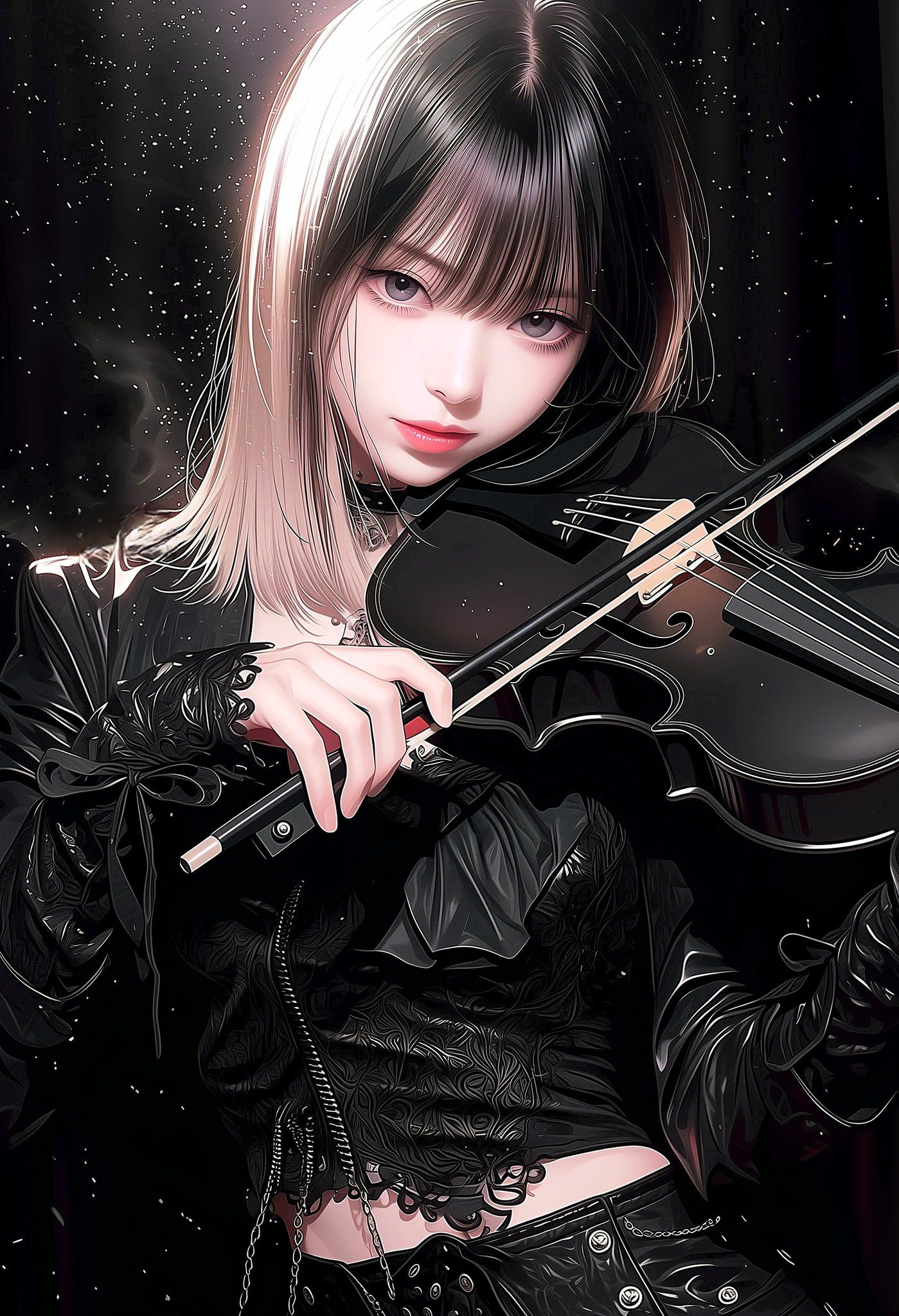 그림 속 소녀는 검은 고딕 로리타 복장을 입고, 검은 바이올린을 연주하고 있다