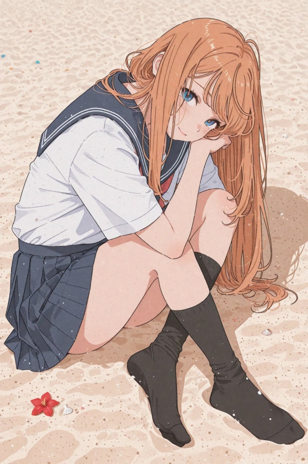 Ein Mädchen in japanischer Matrosenuniform sitzt am Strand, lächelt, stützt sich mit den Händen am Kinn ab und trägt ein weißes T-Shirt, dunkelblauen Rock und schwarze Socken.