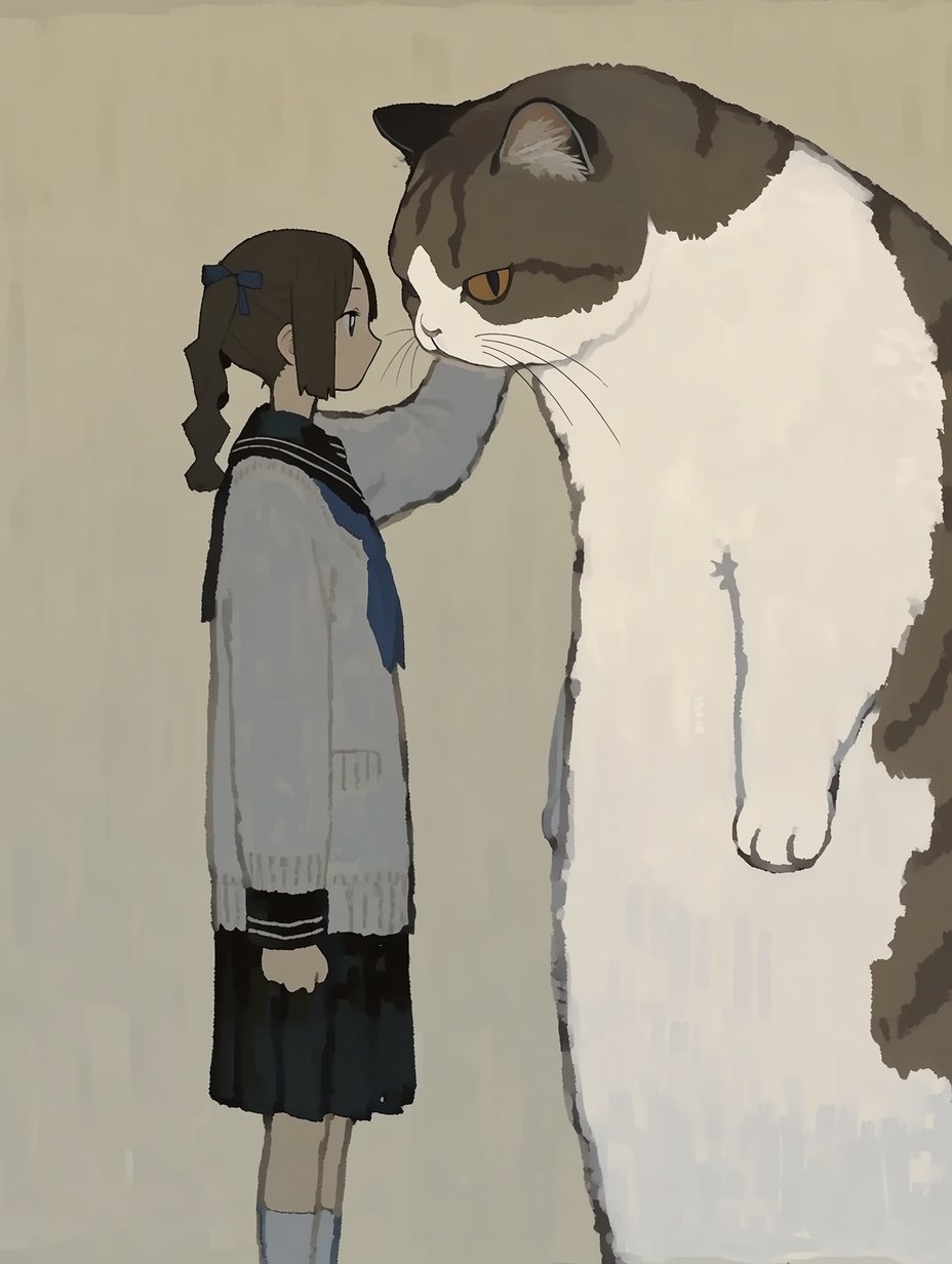 La rencontre douce entre une fille et un chat géant