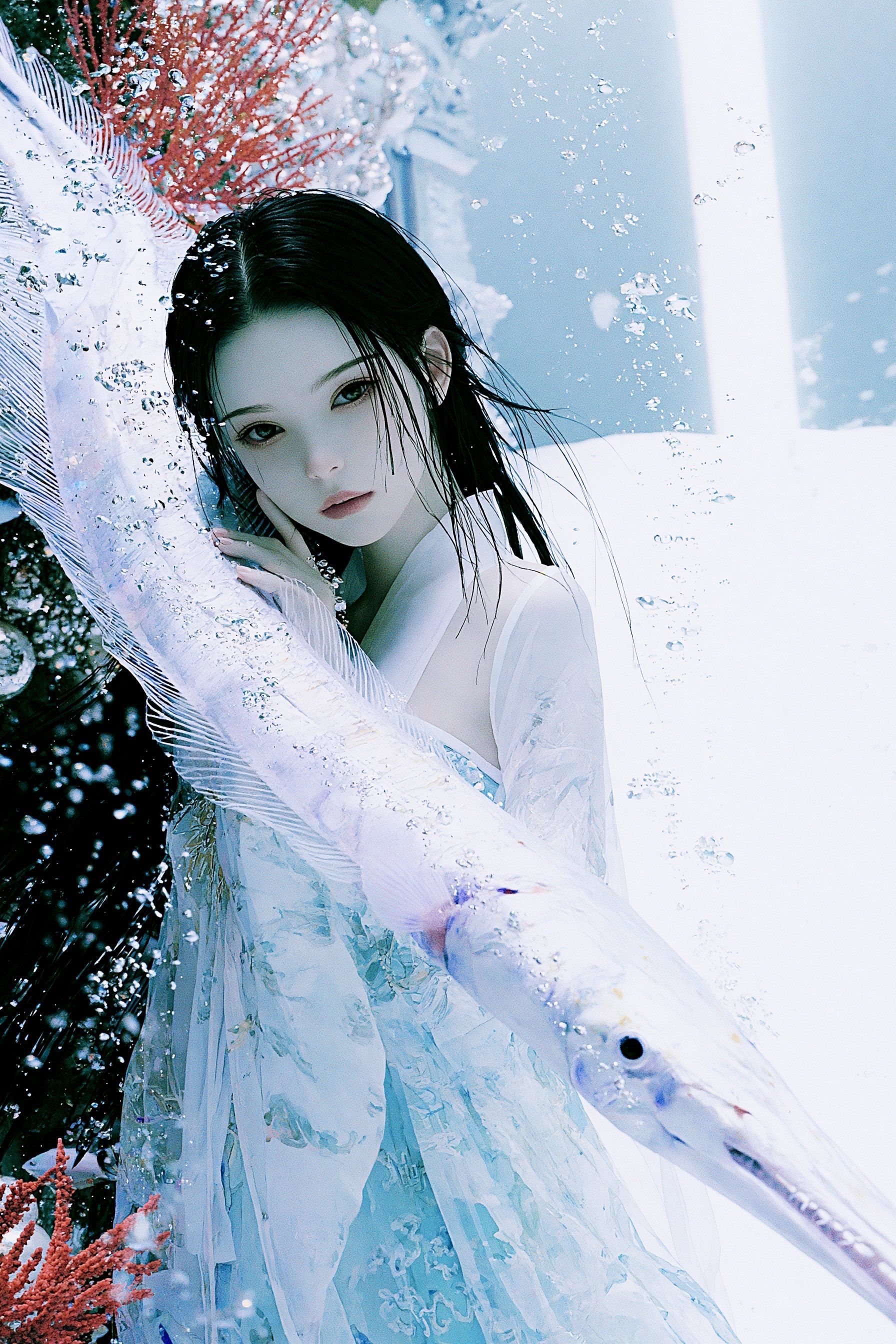 A woman in a blue and white hanfu coexists harmoniously with a silver fish