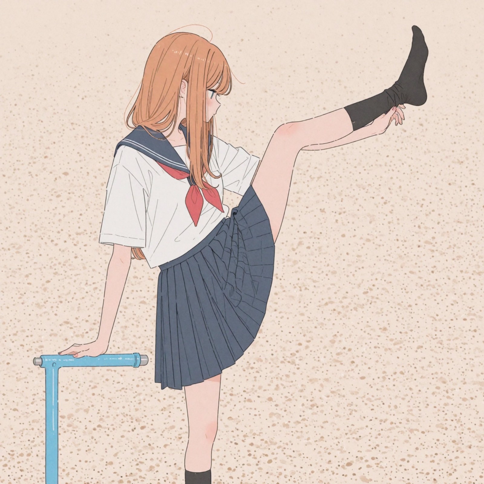 Une fille en uniforme de marin blanc et jupe plissée bleu marine réalise un équilibre sur les mains, avec un arrière-plan de style animation japonaise doux et élégant.