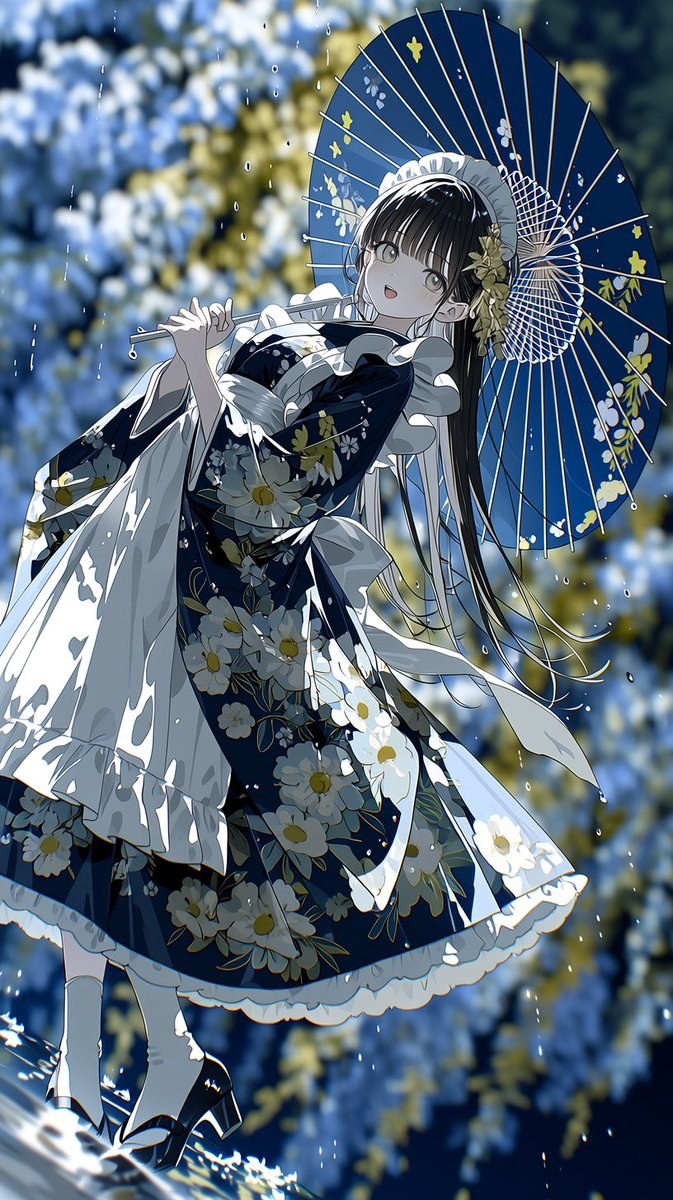 A black-haired girl wears a blue and white kimono with an apron