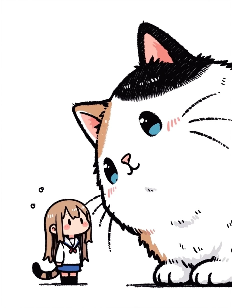 A chibi girl in a sailor outfit and blue skirt stands shyly with a cat tail, next to a giant calico cat
