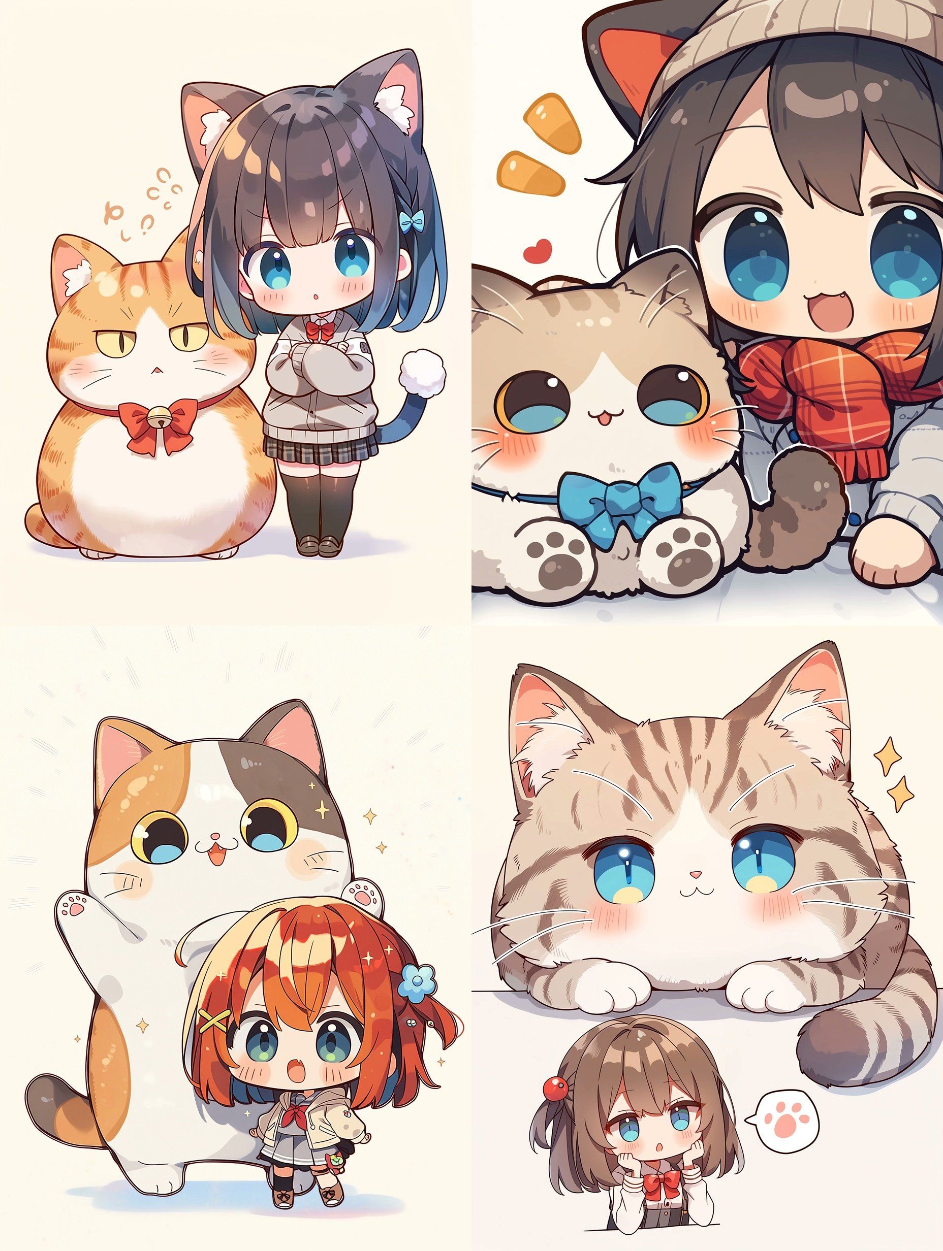 Quatre illustrations mignonnes présentent une fille avec des oreilles de chat et divers chats