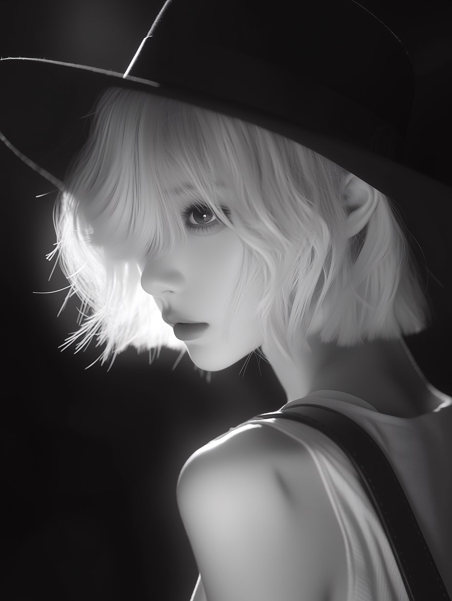 A short-haired woman wearing a wide-brimmed hat and sleeveless top looks back