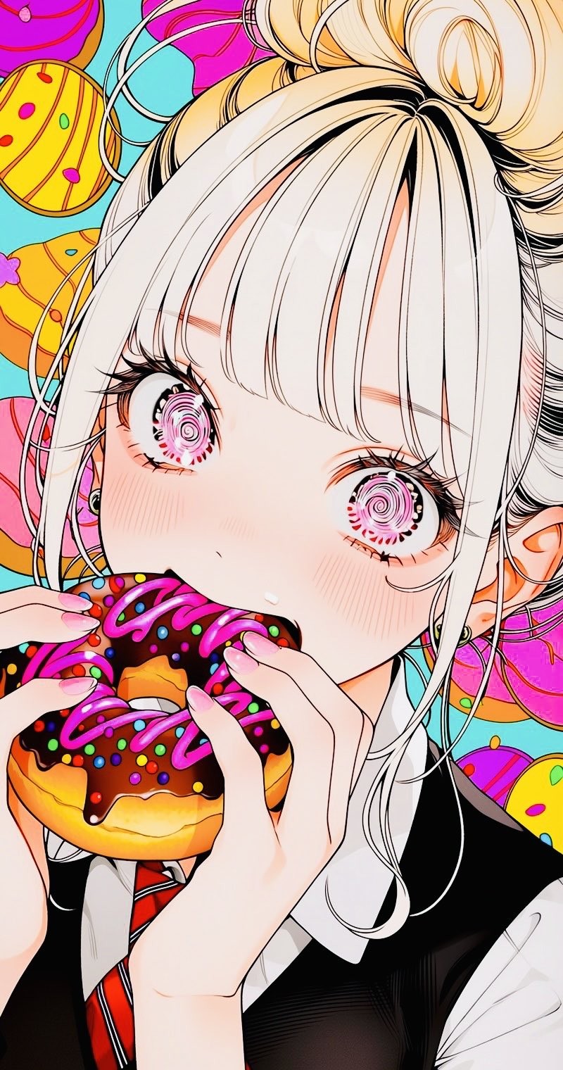 The illustration features a cute anime girl in a black uniform holding a donut