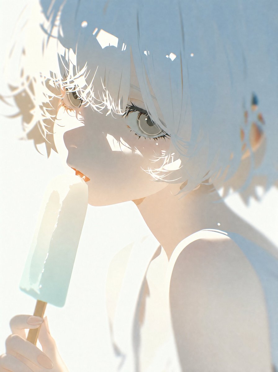 A silver-haired boy holding a mint-colored popsicle in summer