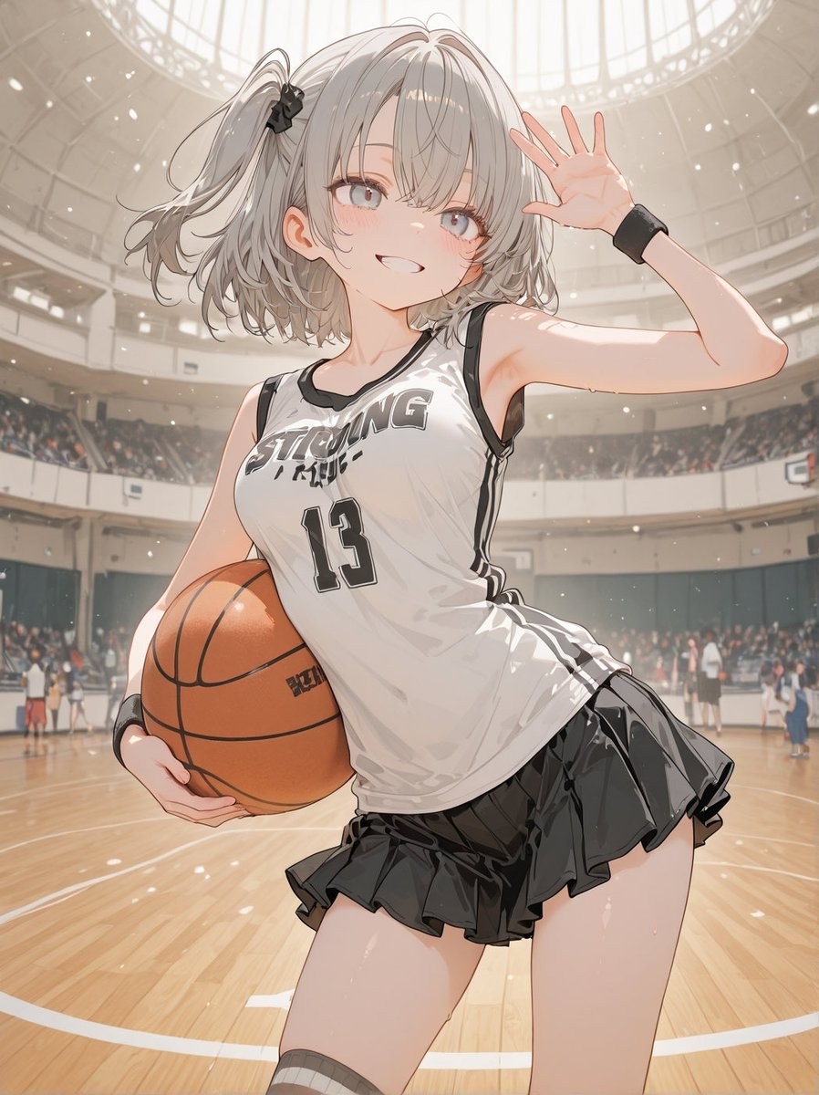A girl with silver-grey short hair wearing a white basketball jersey and black pleated skirt waves at the basketball court