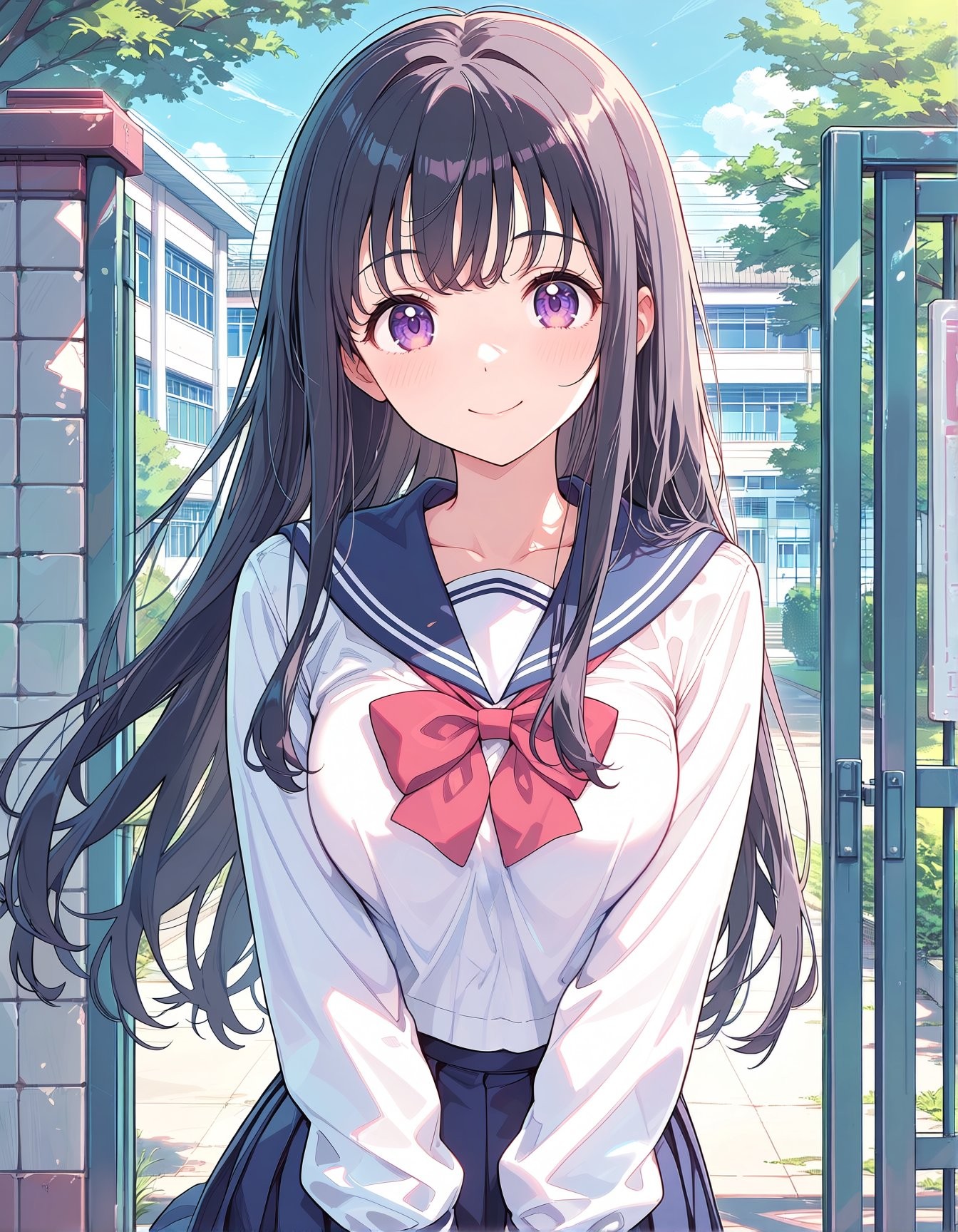 A girl with long hair in a classic Japanese school uniform smiles gently while looking at the viewer