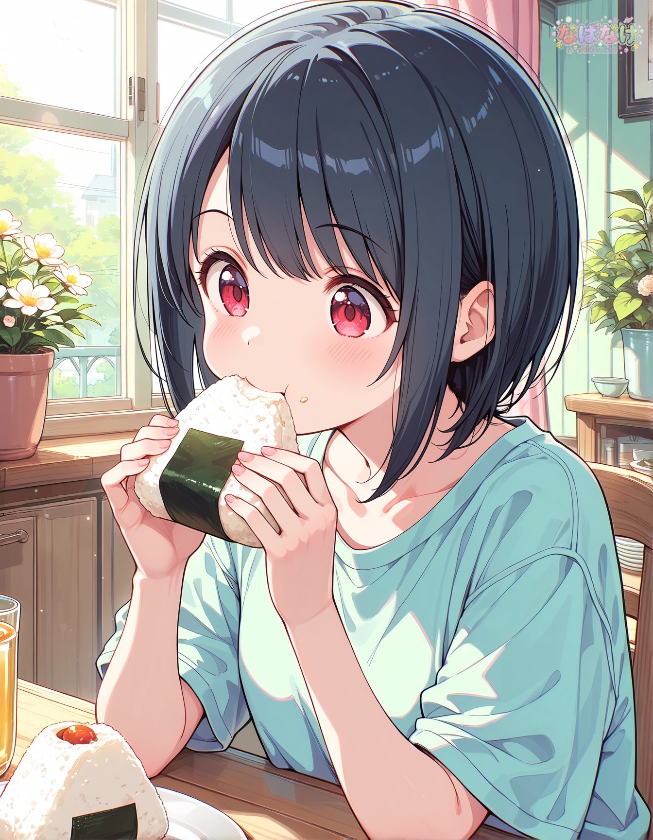 Short black bob with glossy bangs biting into onigiri