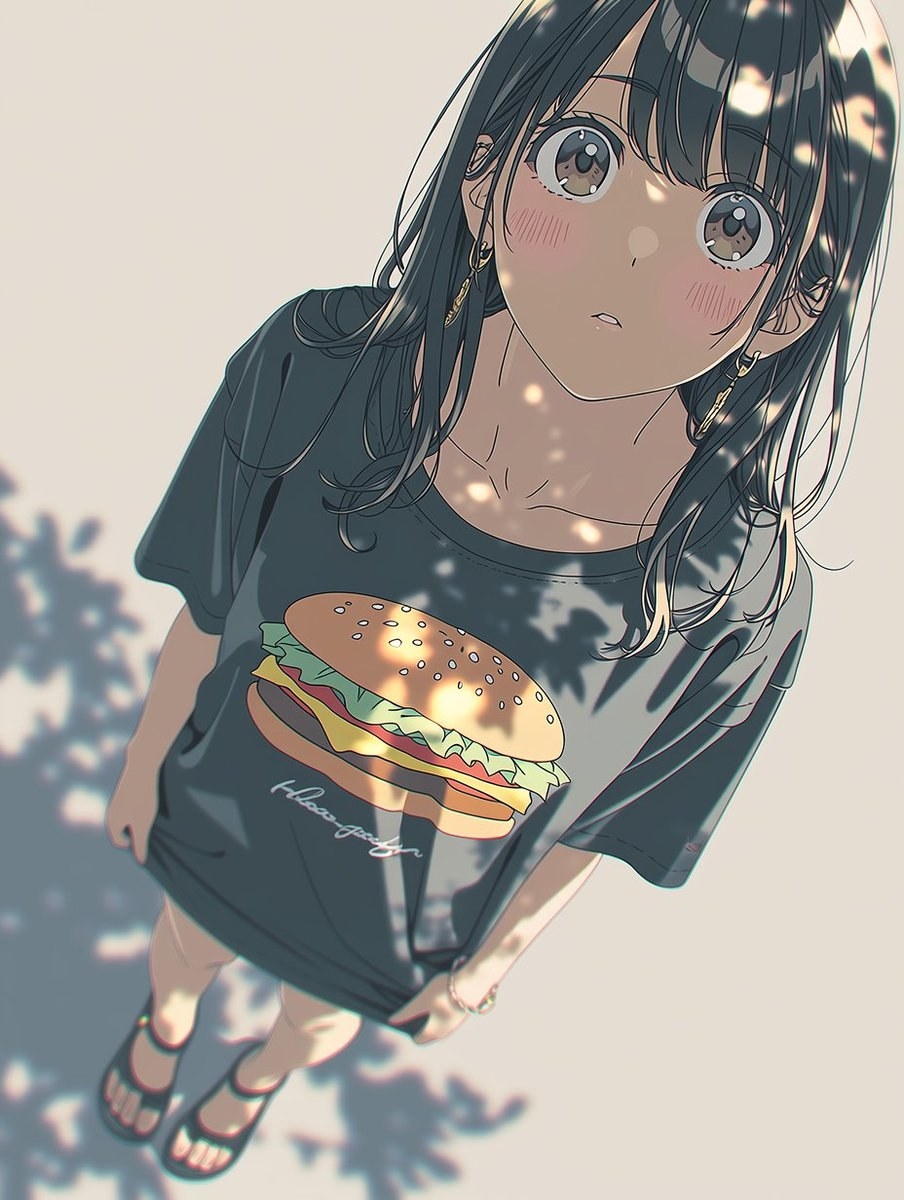 A black-haired girl wearing a hamburger-patterned T-shirt looks up at the camera