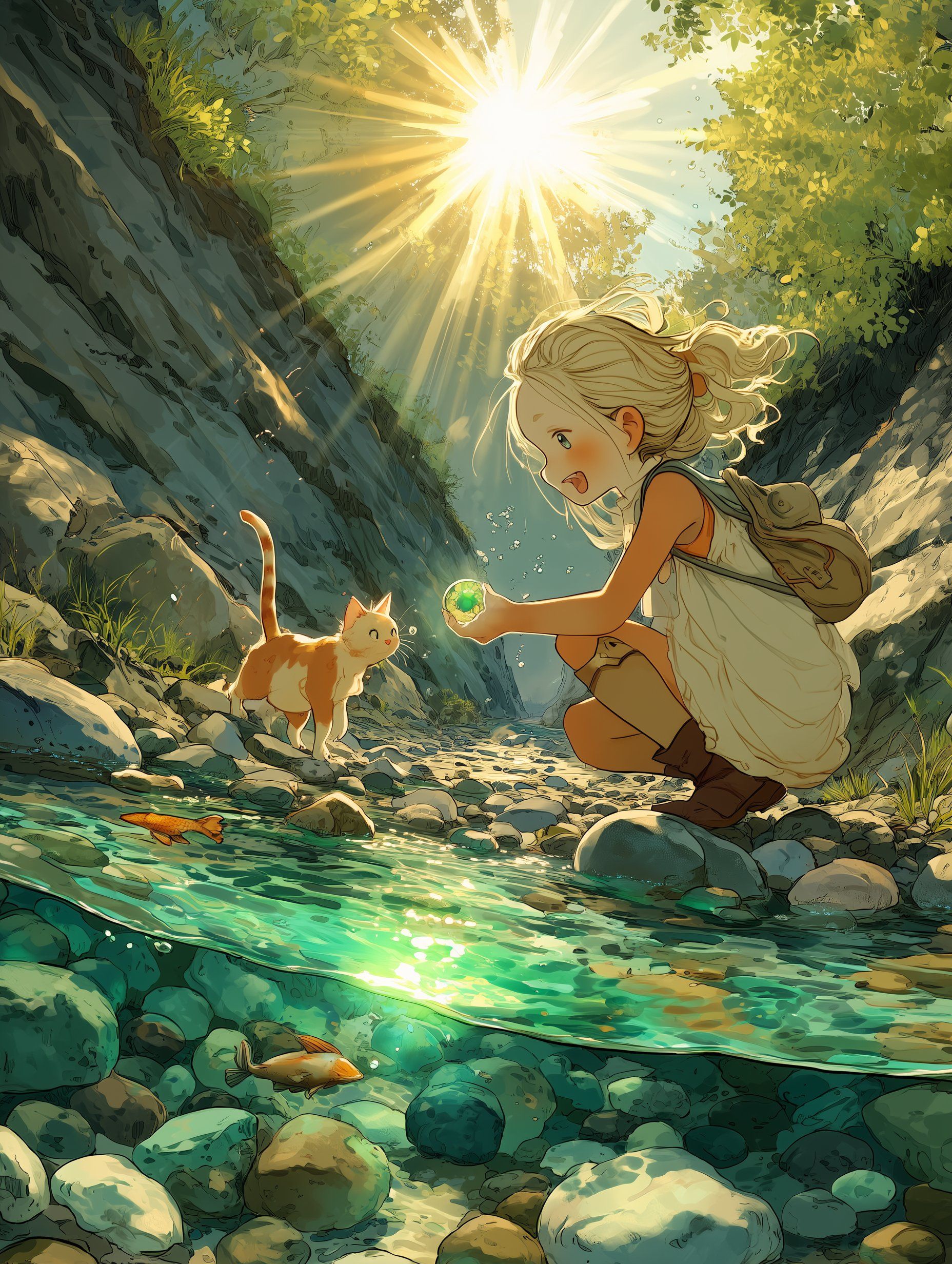 Girl with blonde ponytail squatting on rocks by the stream, holding a glowing green sphere, facing an orange and white cat.
