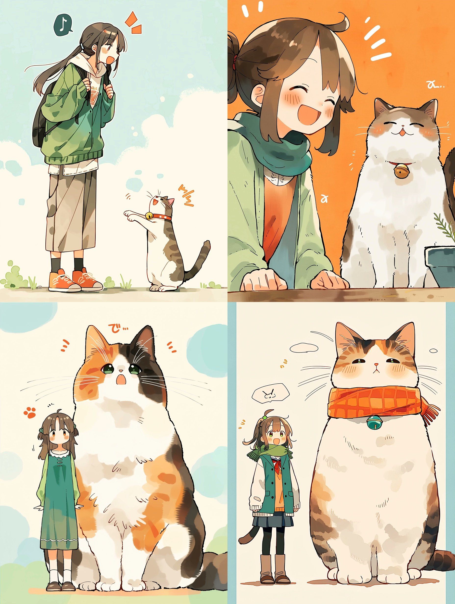The four-panel comic depicts daily interactions between girls and giant cats