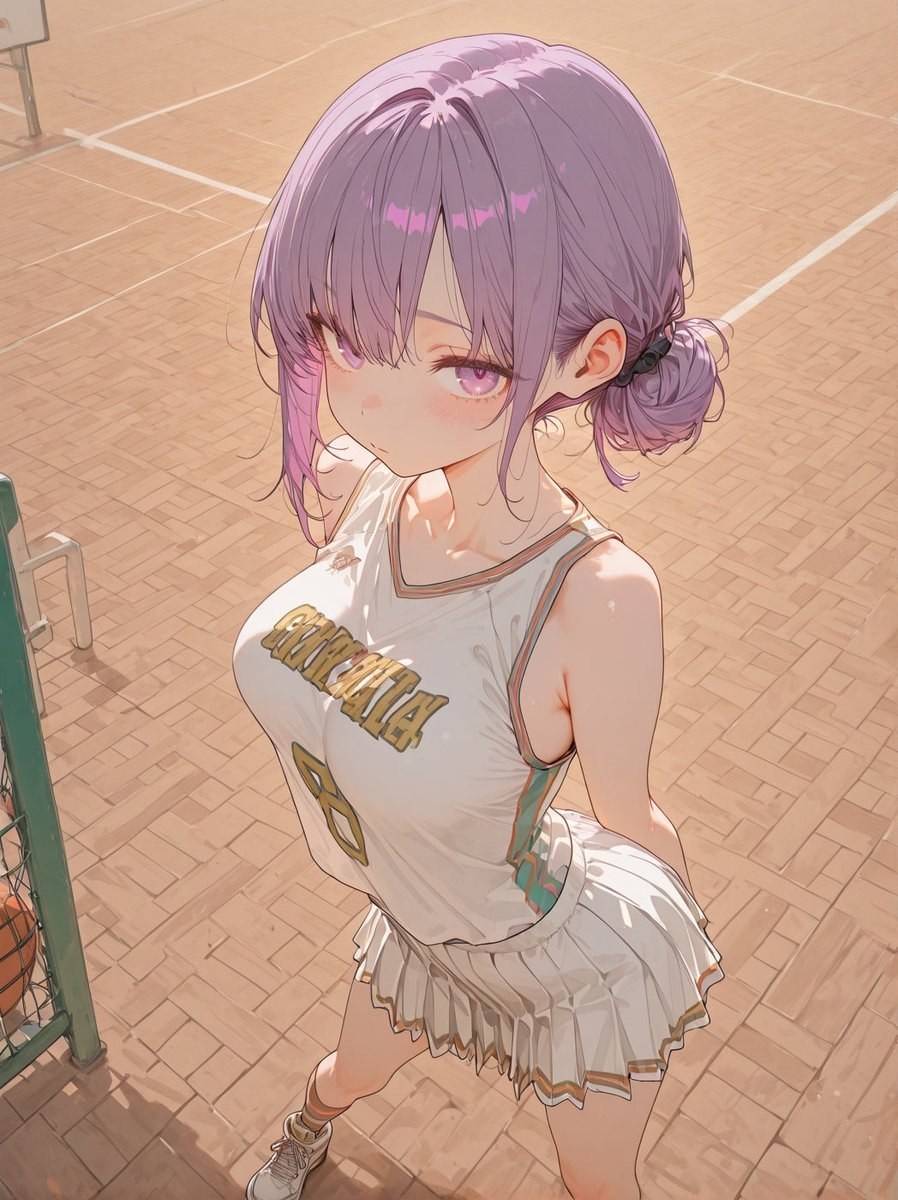 A purple-haired girl is wearing a white basketball jersey with the number 8 and a pleated skirt