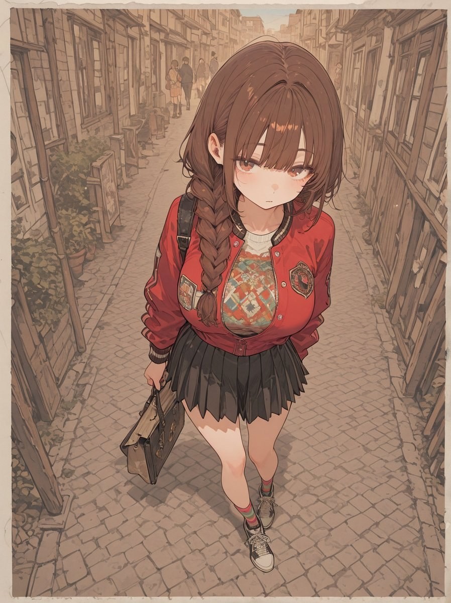 Кор brunette стоит в красной куртке и черной юбке