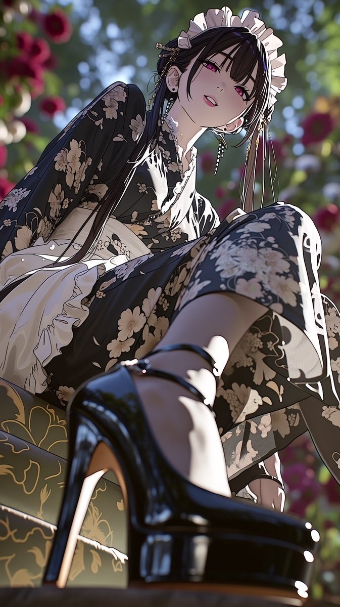 少女身穿黑白花卉連衣裙，佩戴女僕頭飾，坐於庭園