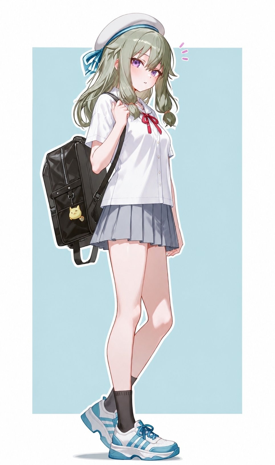 A girl with light green hair and purple eyes stands sideways wearing a white shirt and gray pleated skirt