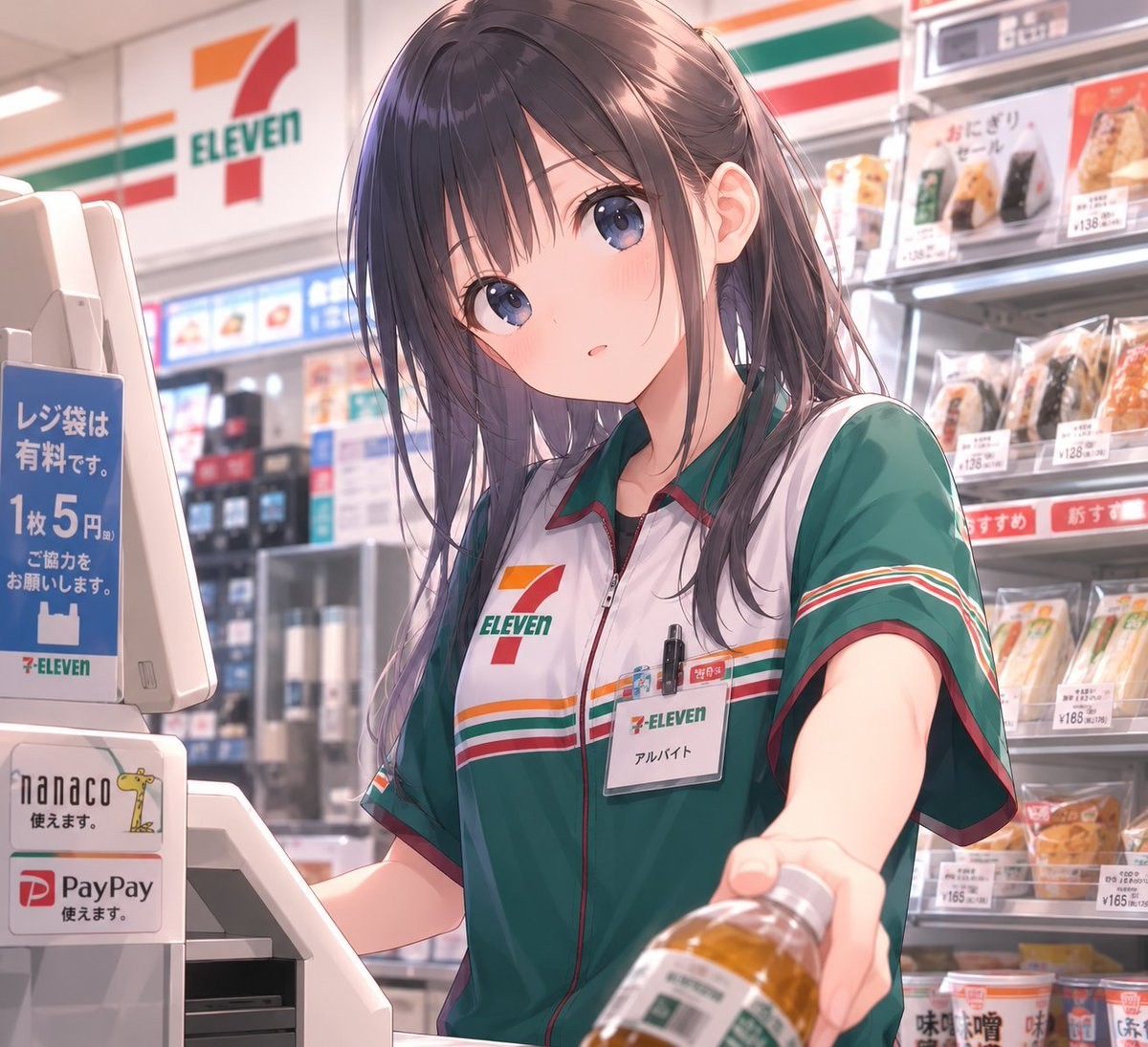 Une fille de style anime en uniforme 7-Eleven tend une bouteille de thé derrière le comptoir