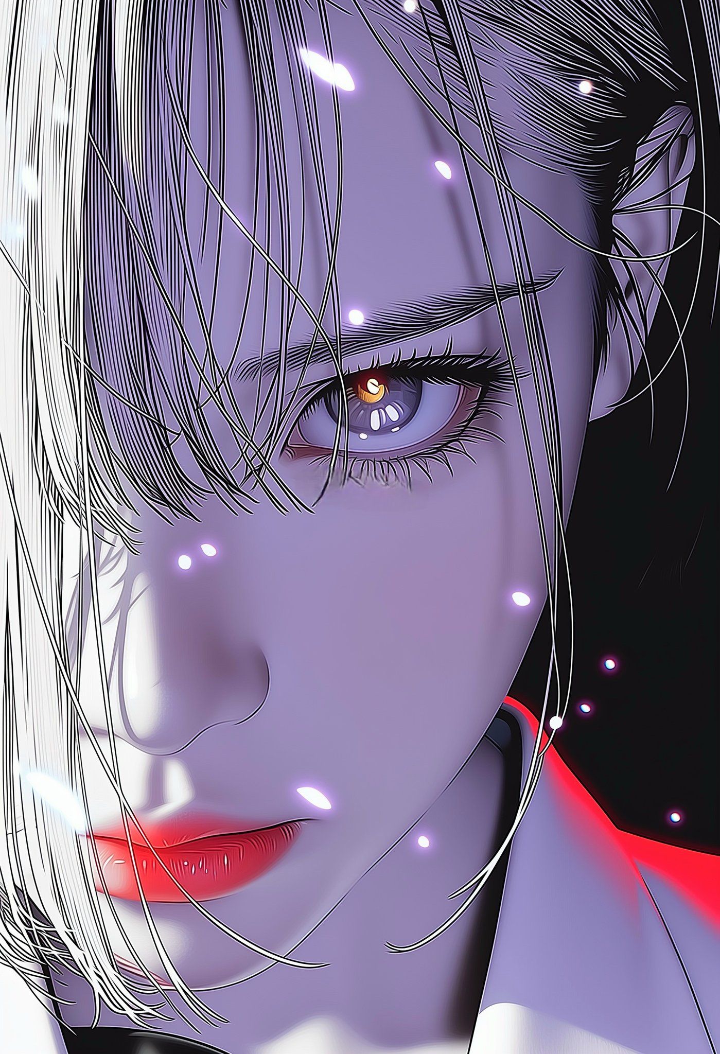 A close-up of a mysterious and alluring character, contrasting gold-red pupils with silver-white hair