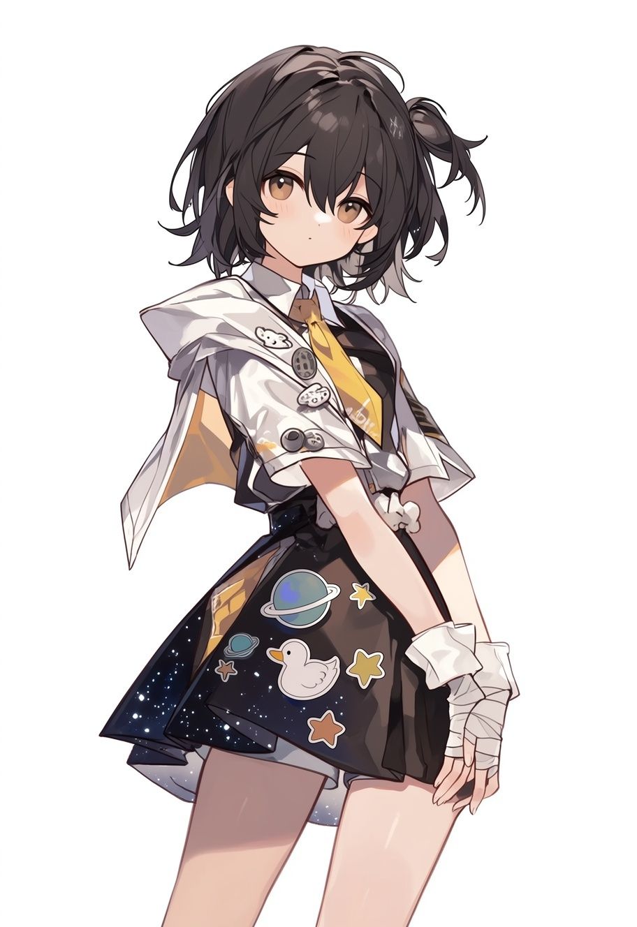 デジタルペイントのアニメキャラクターが白いシャツと黒いスカートを着ている