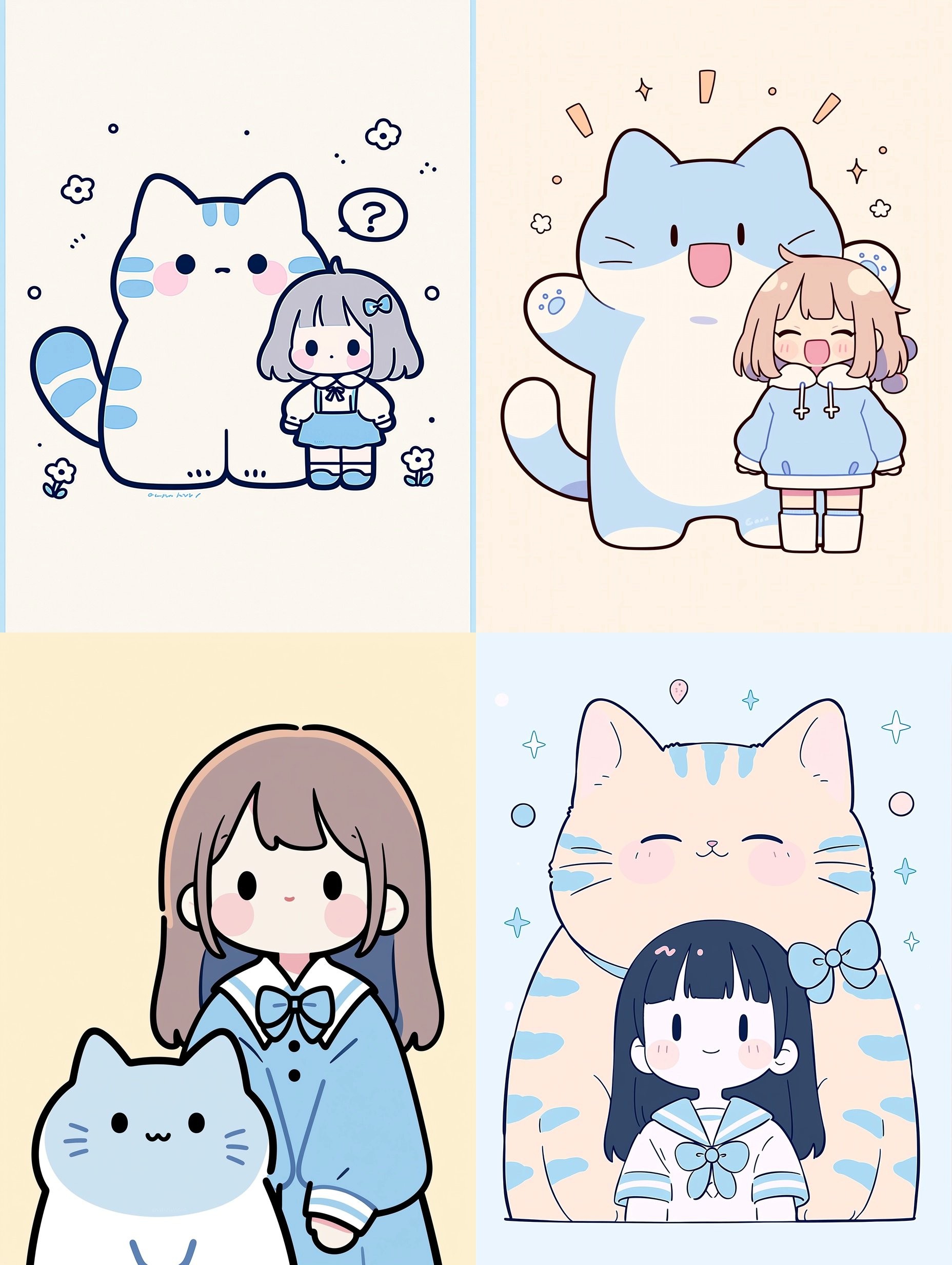 Four girls and four cats present a cute image in a minimalist style