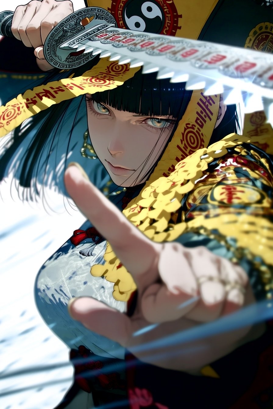 A black-haired girl in a dark blue robe holds a long sword and casts a spell
