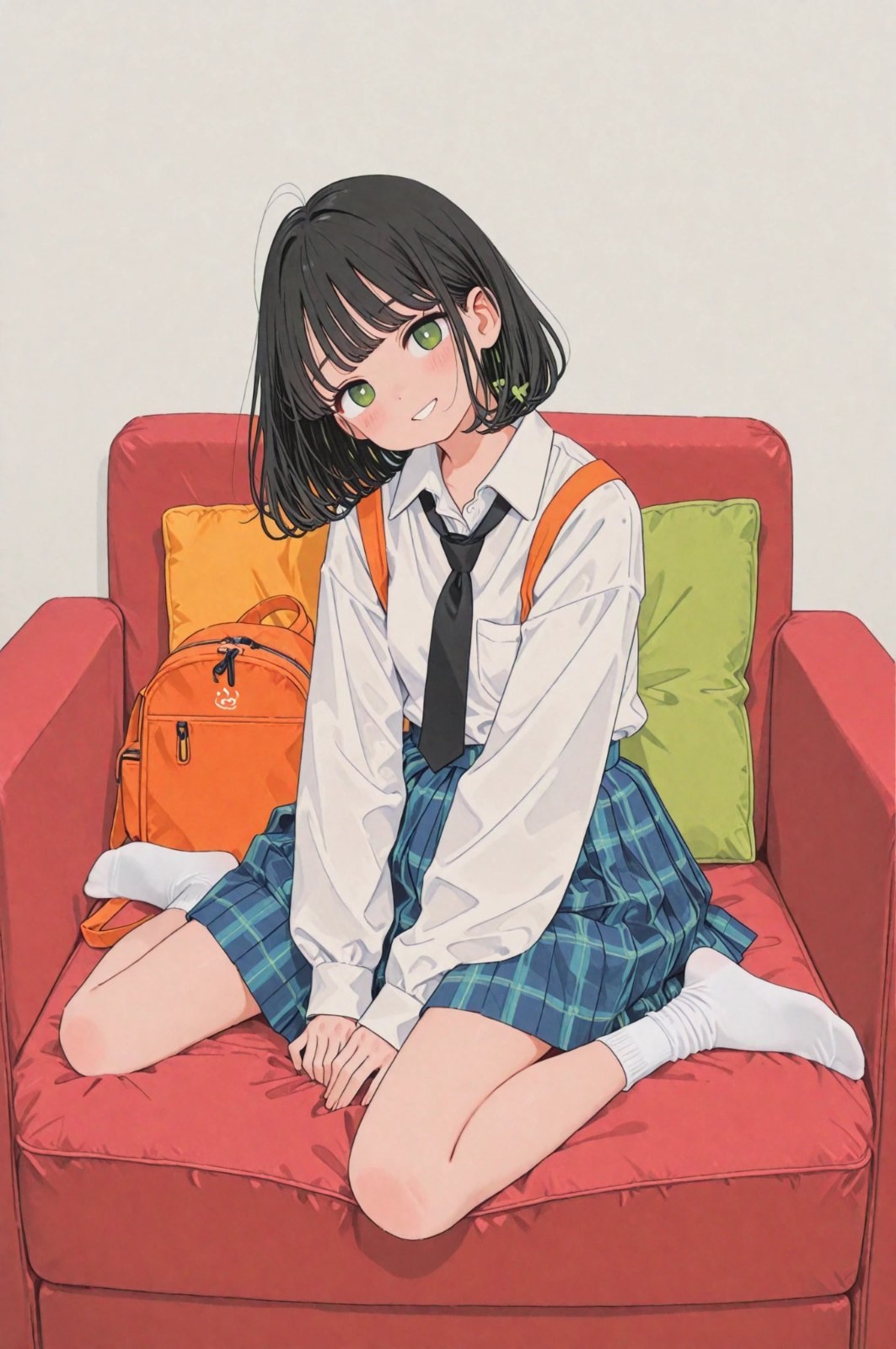Ein Mädchen mit schwarzen Haaren und Drachenhörnern in einem japanischen Anime-Stil-Outfit sitzt auf dem Sofa