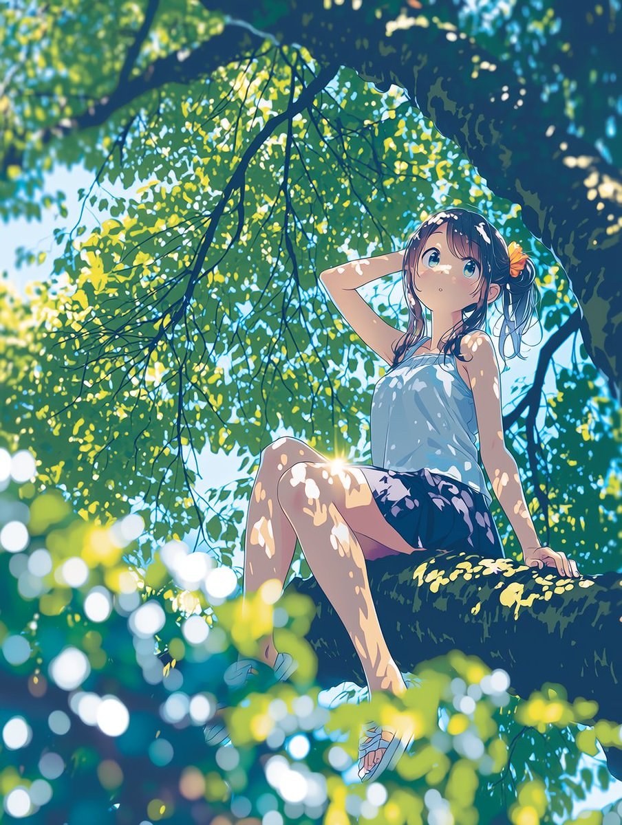 Ein langhaariges Mädchen sitzt auf einem Baumzweig in der Sonne, trägt ein weißes Tanktop und dunkle Shorts und hat ein orangefarbenes Haarschmuck