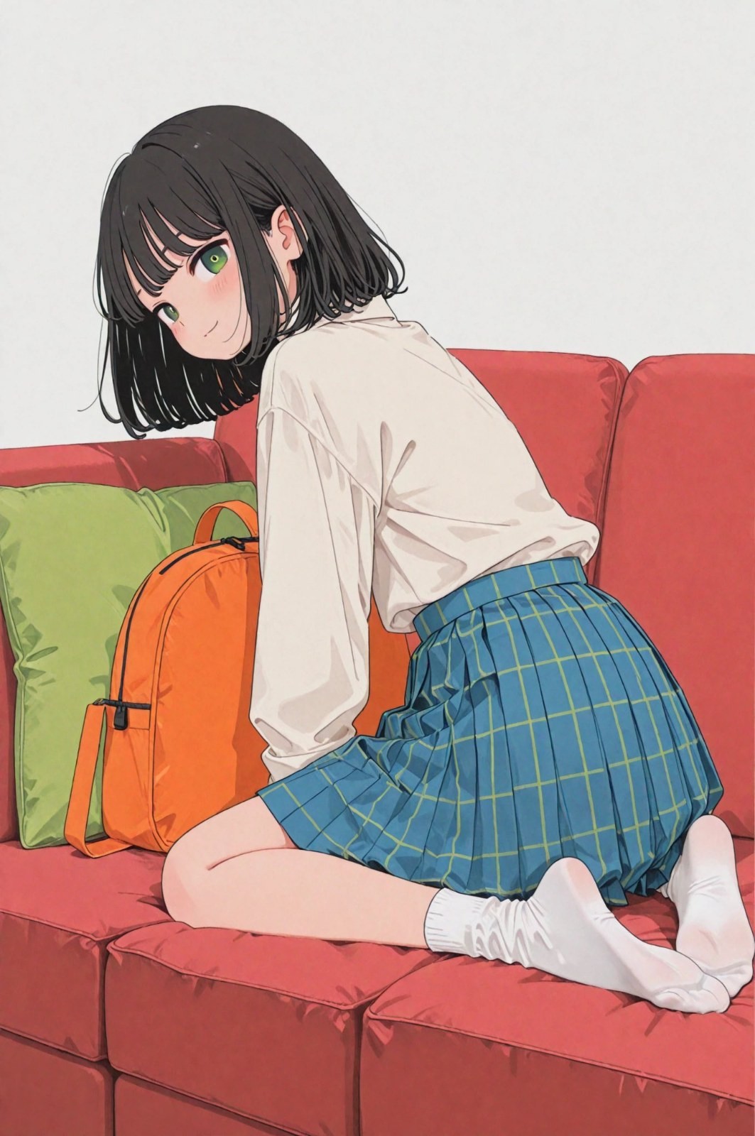 Ein Mädchen mit kurzen schwarzen Haaren und grünen Augen im japanischen Anime-Stil, sitzt lächelnd auf einem roten Stoffsofa, posierte neben einer weißen Wand.