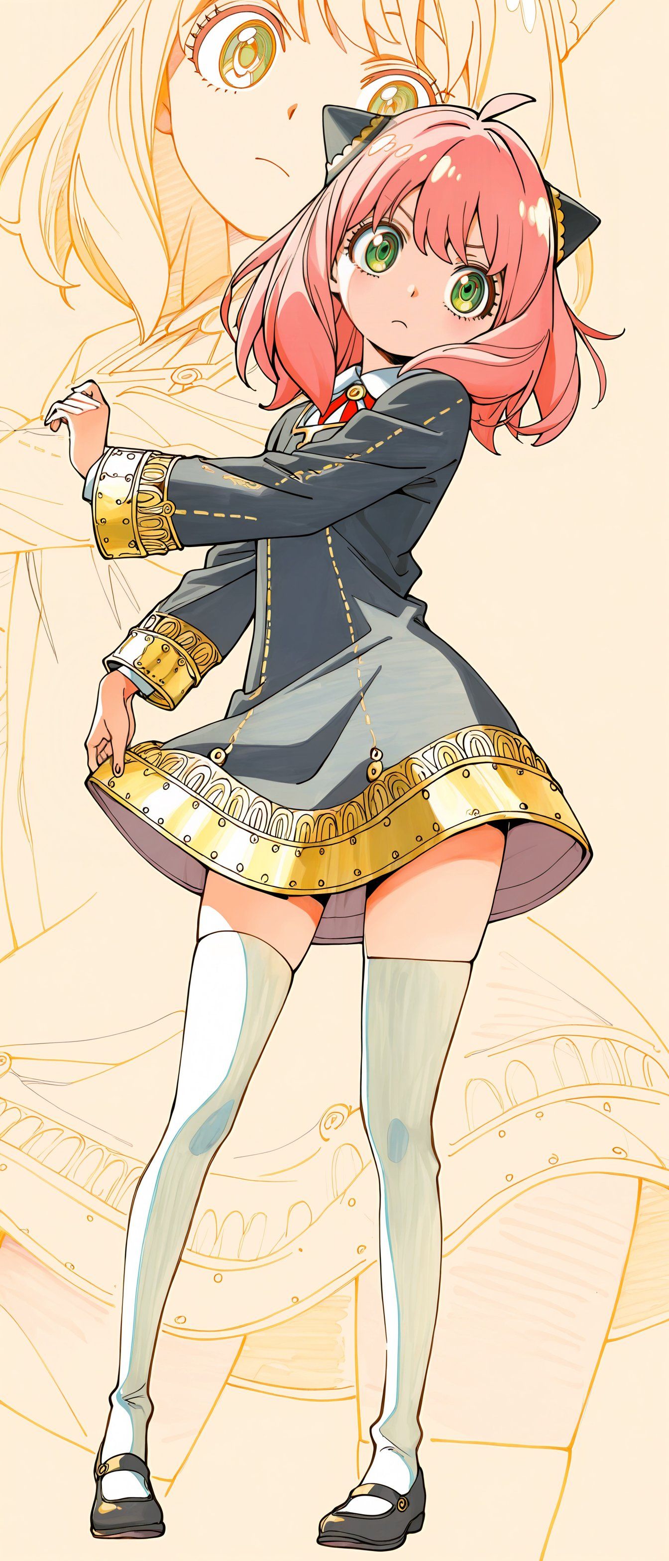 Pink short-haired green-eyed girl wearing Eden Academy uniform and cat ear hat standing while looking back