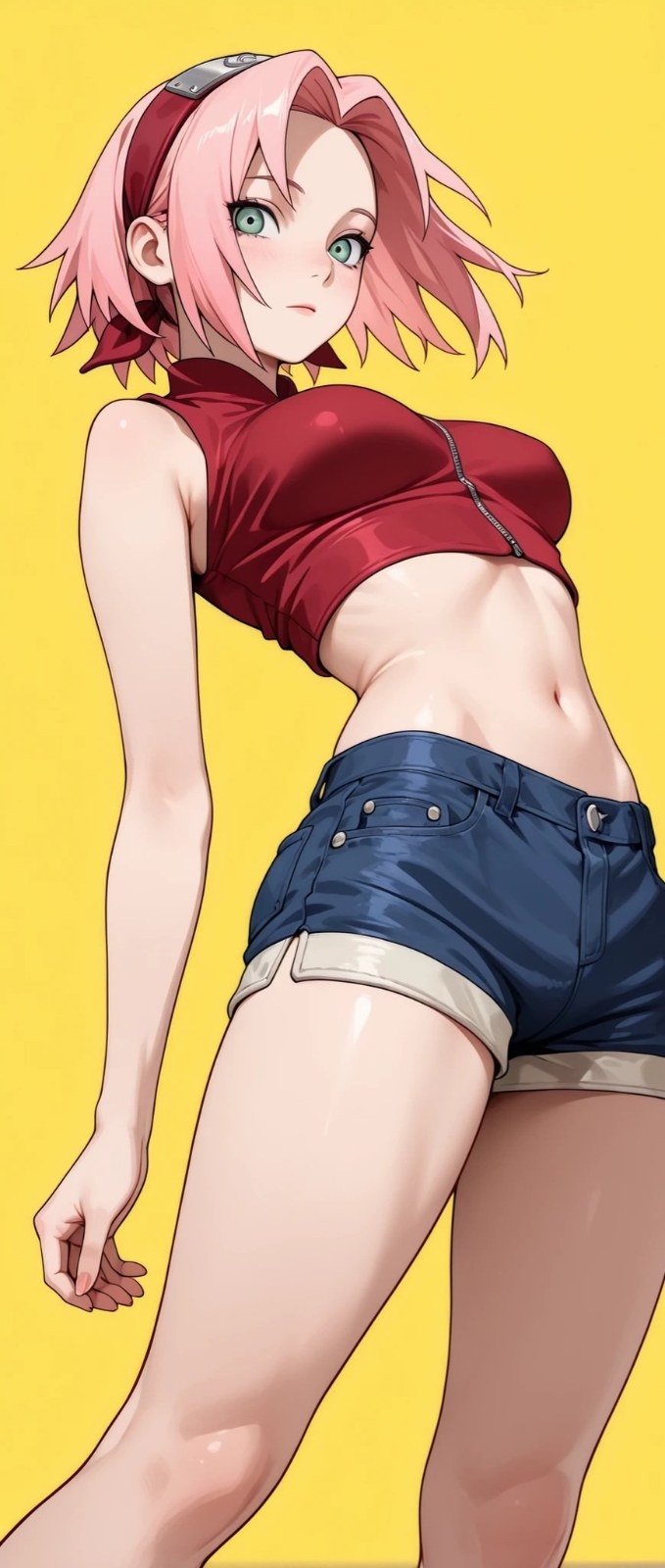 A pink-haired female character wearing a red top and dark blue shorts