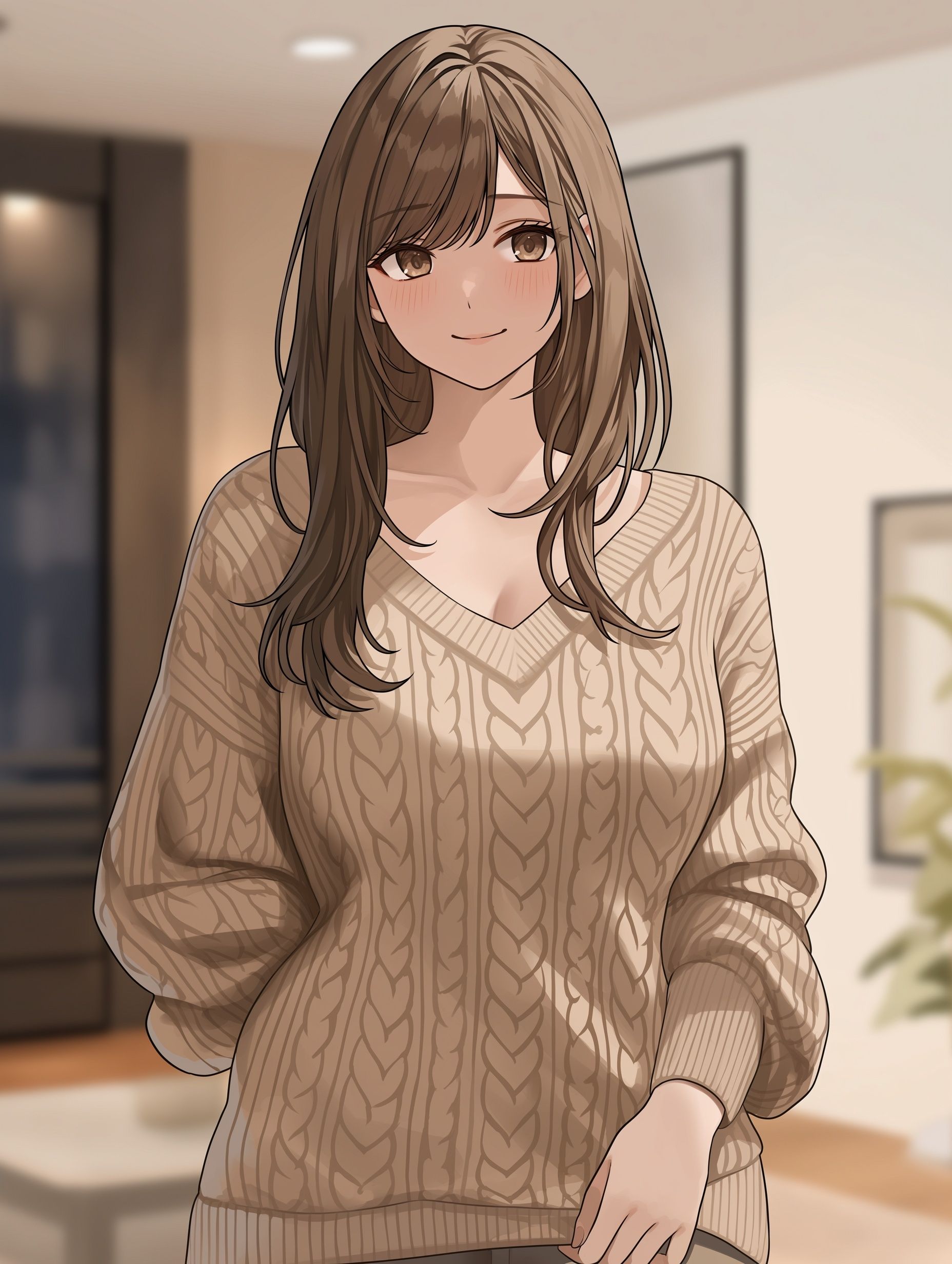 Belle femme dans la trentaine avec une silhouette dodue et bien proportionnée. Cheveux longs bruns. Portant un tricot lâche. À l'intérieur de la maison