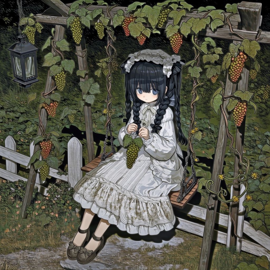 Tranças pretas gêmeas, vestido branco, pérgola de uvas, velho baloiço, vinhas penduradas, lanterna vintage, núcleo dos sonhos, balanço suave, sombras suaves, flores, baixa saturação, cores fortemente dessaturadas, personagens de anime, flores, olhos grandes ocos, rosto pequeno, corpo inteiro