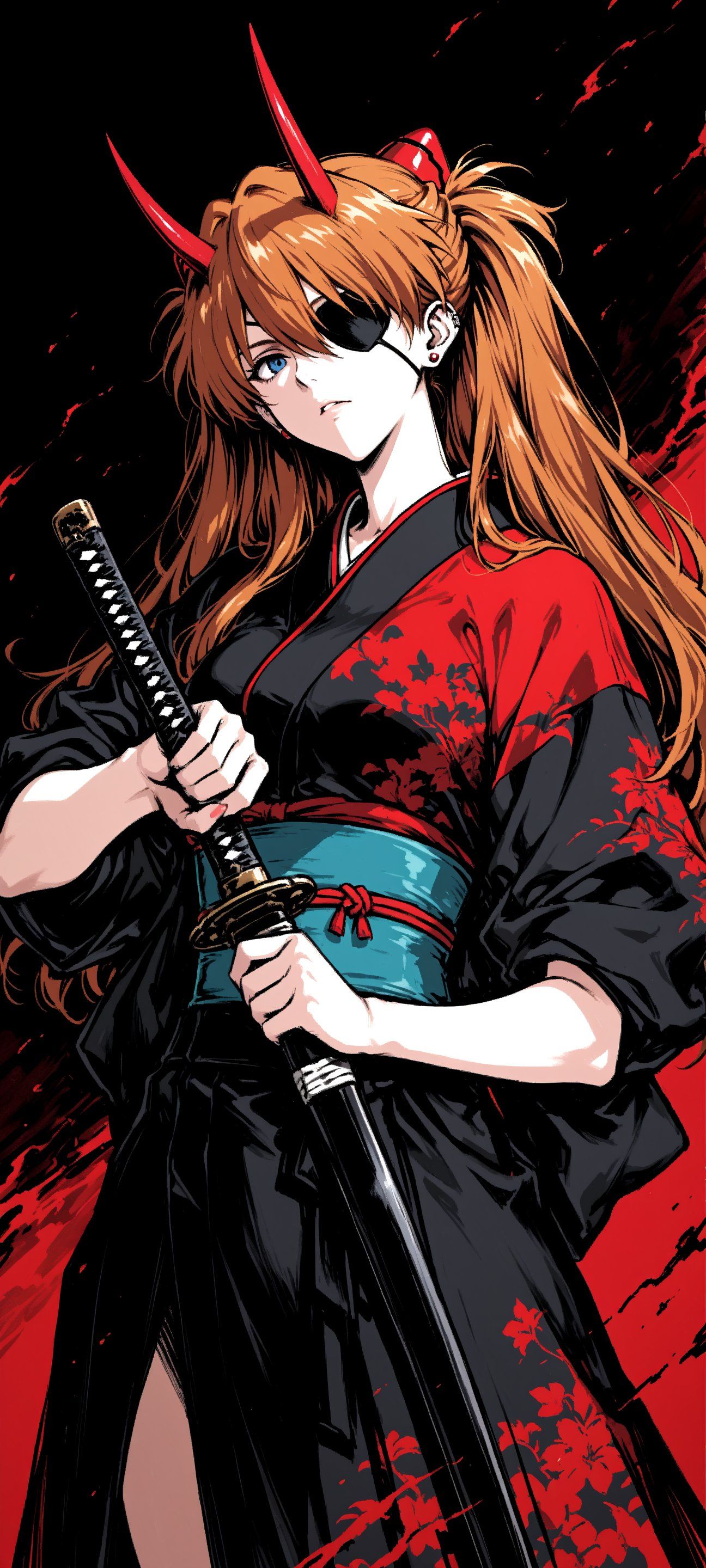 Chica de cabello naranja con kimono negro y rojo sosteniendo espada con mirada aguda