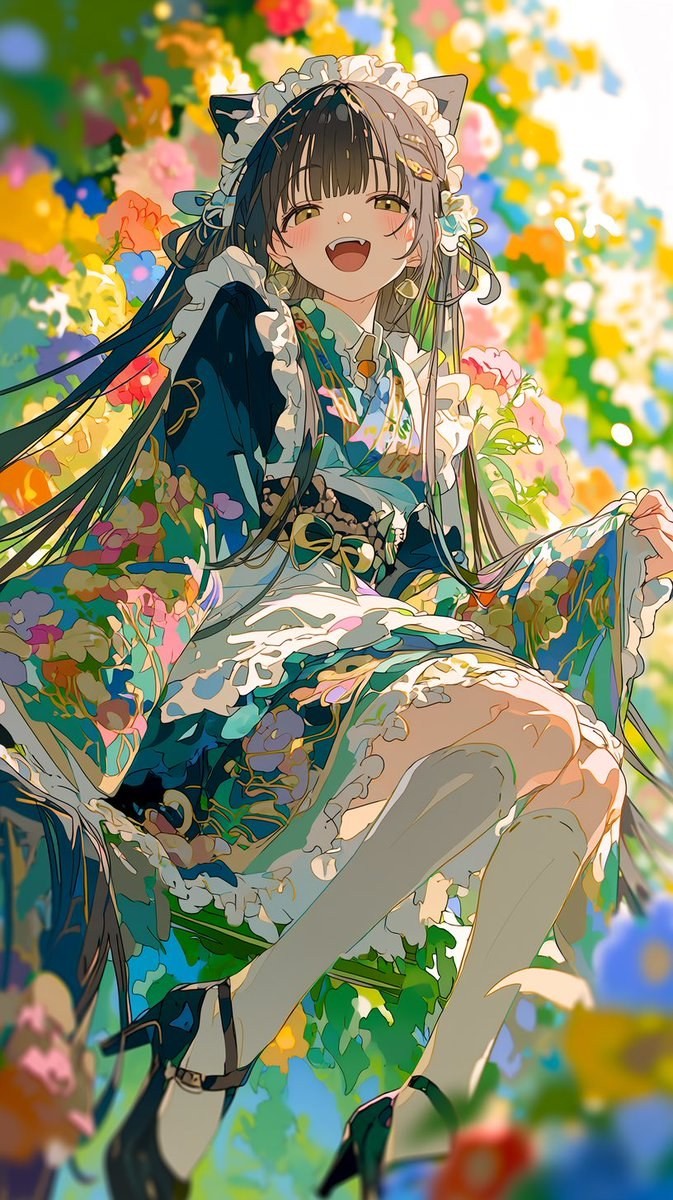 Une fille dans une magnifique tenue de servante de chat est assise dans un buisson fleuri, portant un accessoire de cheveux en dentelle blanche, avec un large sourire. L'image est remplie d'un style d'anime japonais vibrant, avec des couleurs vives et une atmosphère joyeuse.