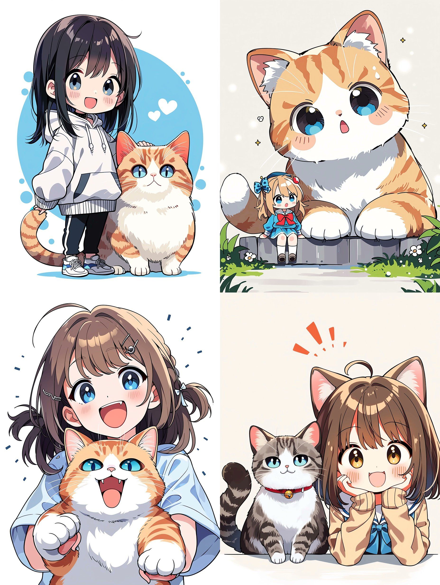 Cute illustration of four girls with orange and white cats