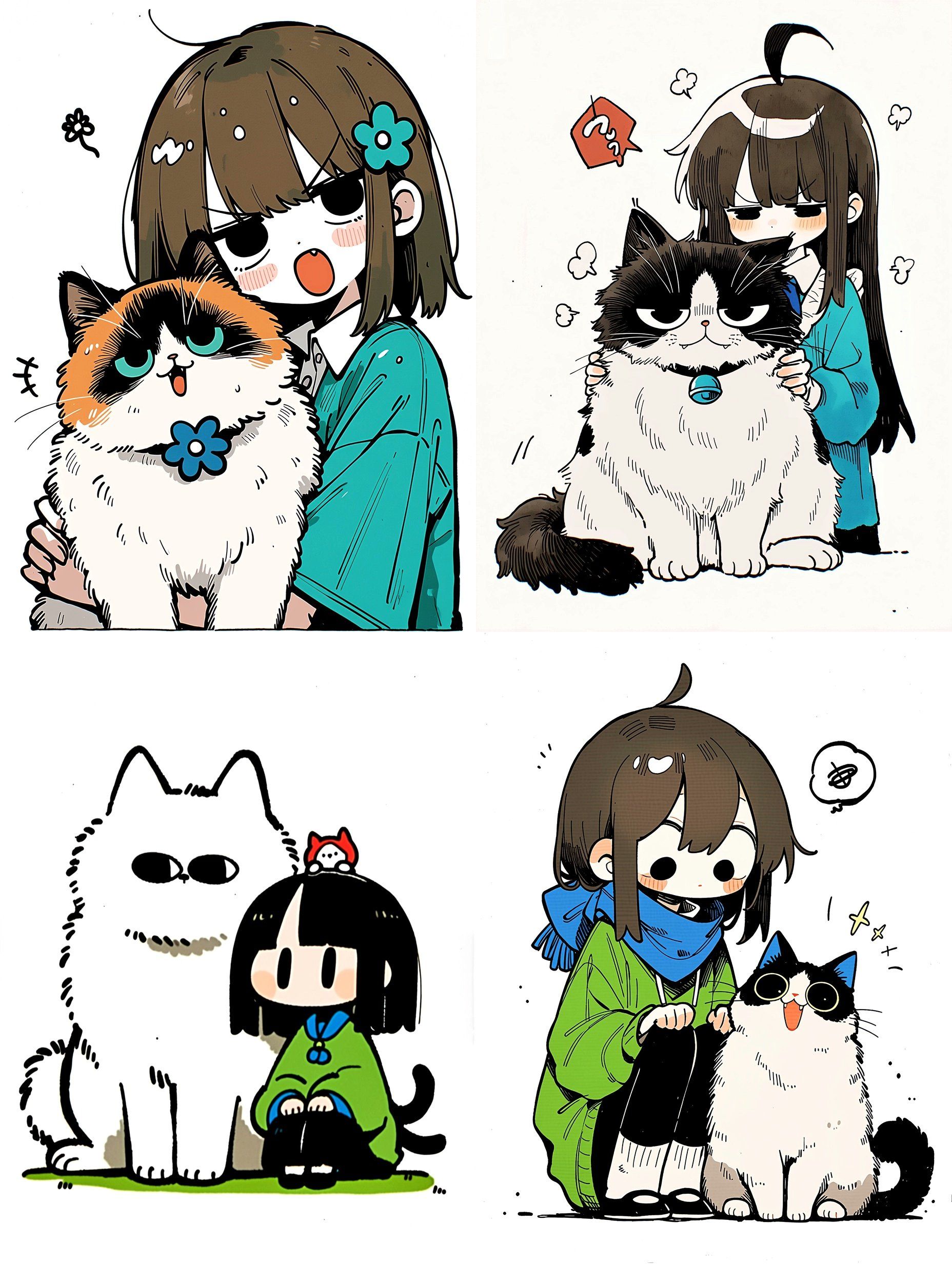 The four-panel comic depicts the humorous daily interactions of different girls with cats