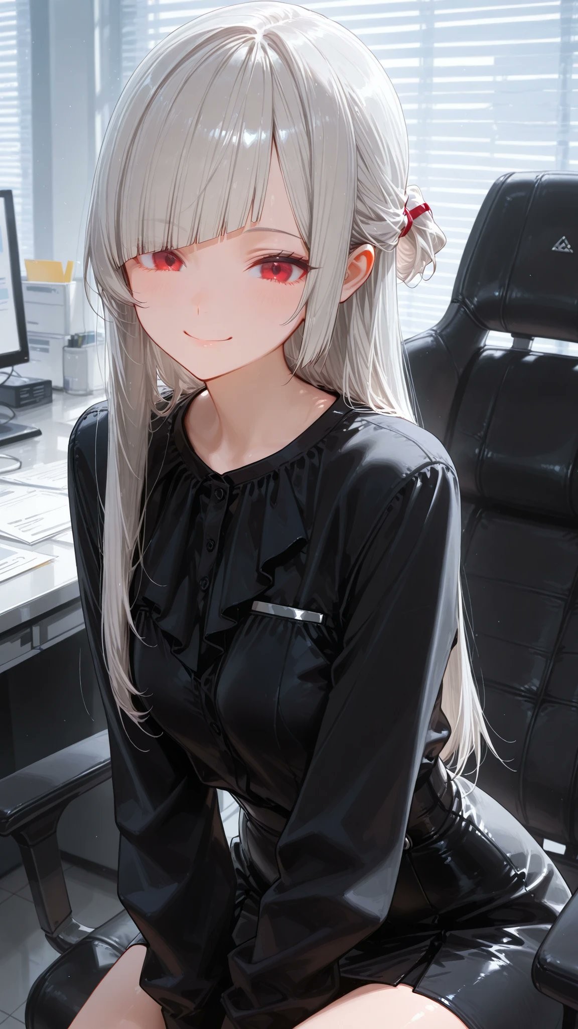 A young woman with long silver-white hair and a small side bun secured by a thin red ribbon, striking crimson eyes, and a gentle smile, wearing a glossy black blouse and skirt, sitting on a black leather chair