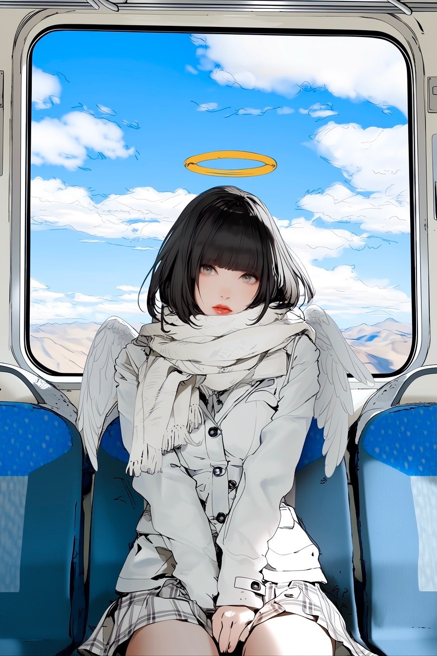 Une femme avec des cheveux noirs en bob et des lèvres rouges portant un manteau blanc, une écharpe et une jupe à carreaux est assise dans un train avec une vue sur un ciel bleu, des nuages blancs et des montagnes lointaines, créant une atmosphère sereine comme celle d'un ange