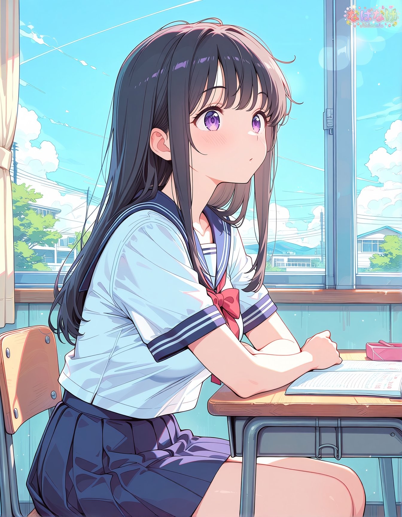 A girl with long black hair and blunt bangs sits in a classroom wearing a white sailor uniform