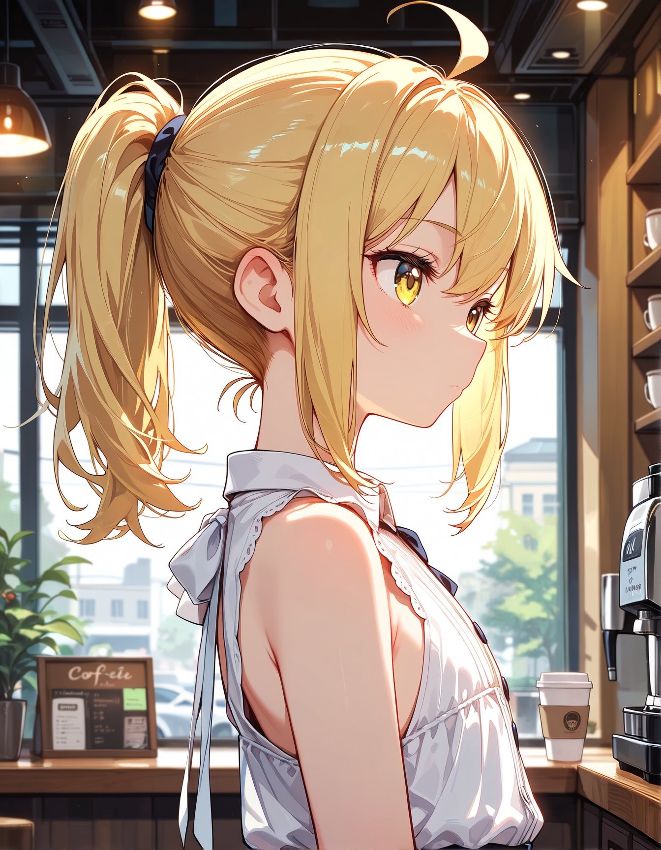 A charming anime girl with golden-blonde hair in a side ponytail, wearing a sleeveless blouse in a warm coffee shop
