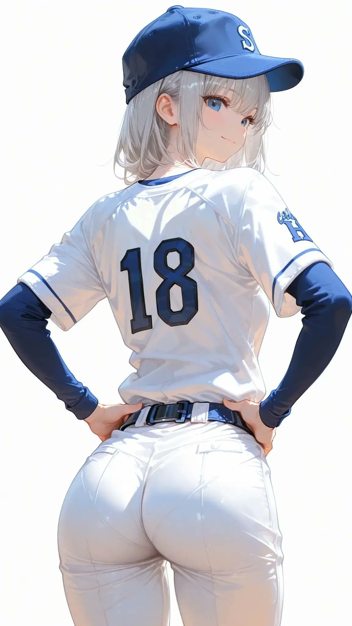The character has short silver-white hair and blue eyes, wearing a white baseball jersey and white pants while smiling back over the shoulder
