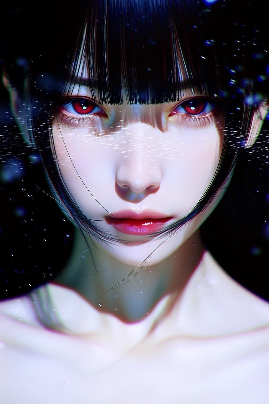 Short black bangs, red eyes and lips, pale skin in a cyberpunk close-up