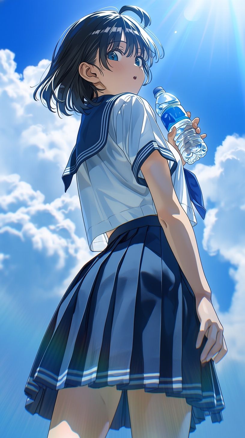 Japanische Anime-Illustration mit einer Figur in einem japanischen Schuluniform, die eine Flasche Mineralwasser hält und unter Gegenlicht mit markanten Körperl inien auf den Betrachter blickt.