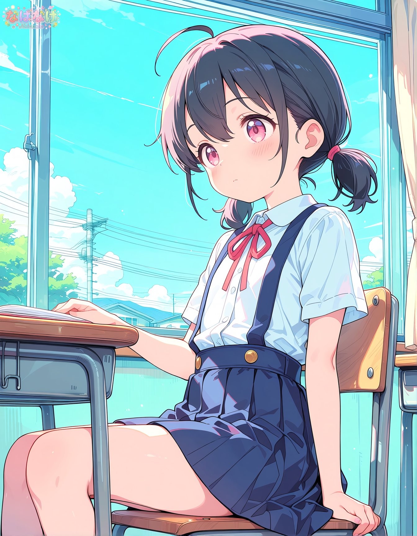Short black hair with pink tints tied in a low ponytail, wearing a white blouse and dark skirt while sitting in a classroom